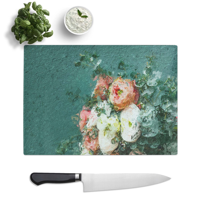 Tempered Glass Bouquet of Flowers Chopping Board, 28.5cm W x 20cm L
