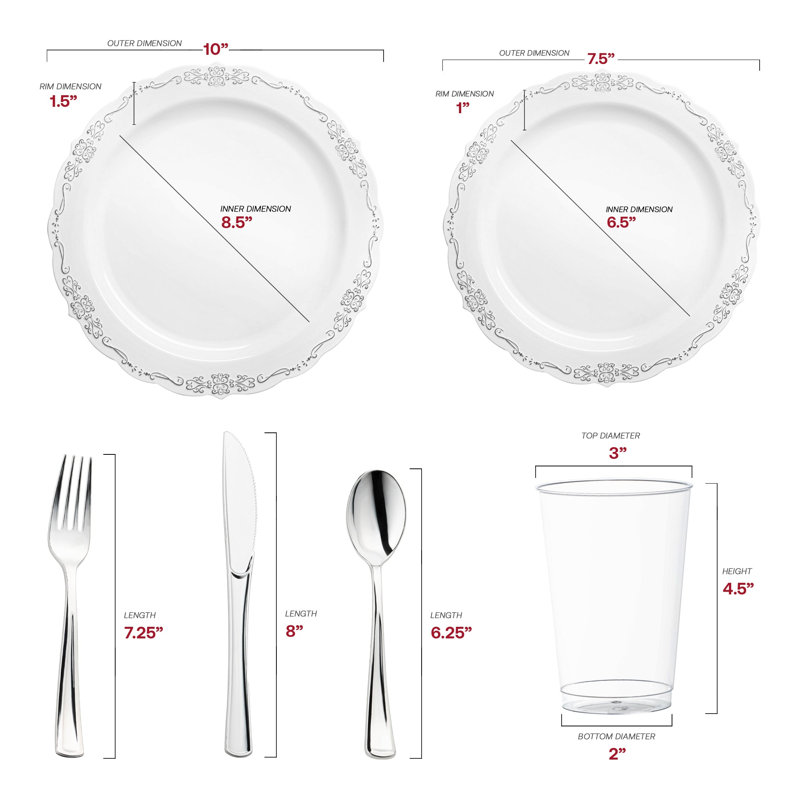 Ensemble de 60 pièces de 60 pièces en plastique jetable blanc à bordure argentée de style vintage, idéal pour un mariage.