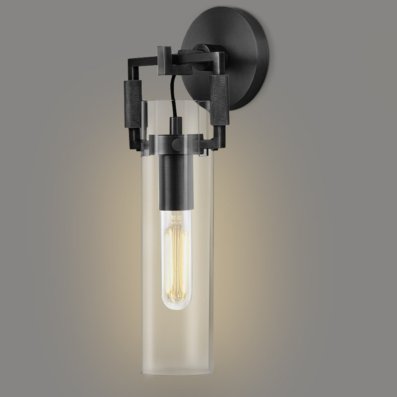 1-Light Solid Brass Armed Sconce with Clear Cylinder Glass (Bulb Included), Matte Black