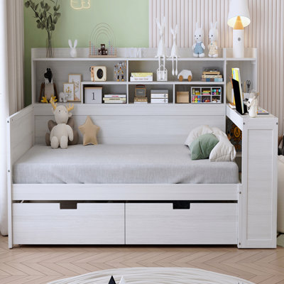 Wooden Twin Daybed with Storage Shelves, Drawers & Study Desk - White