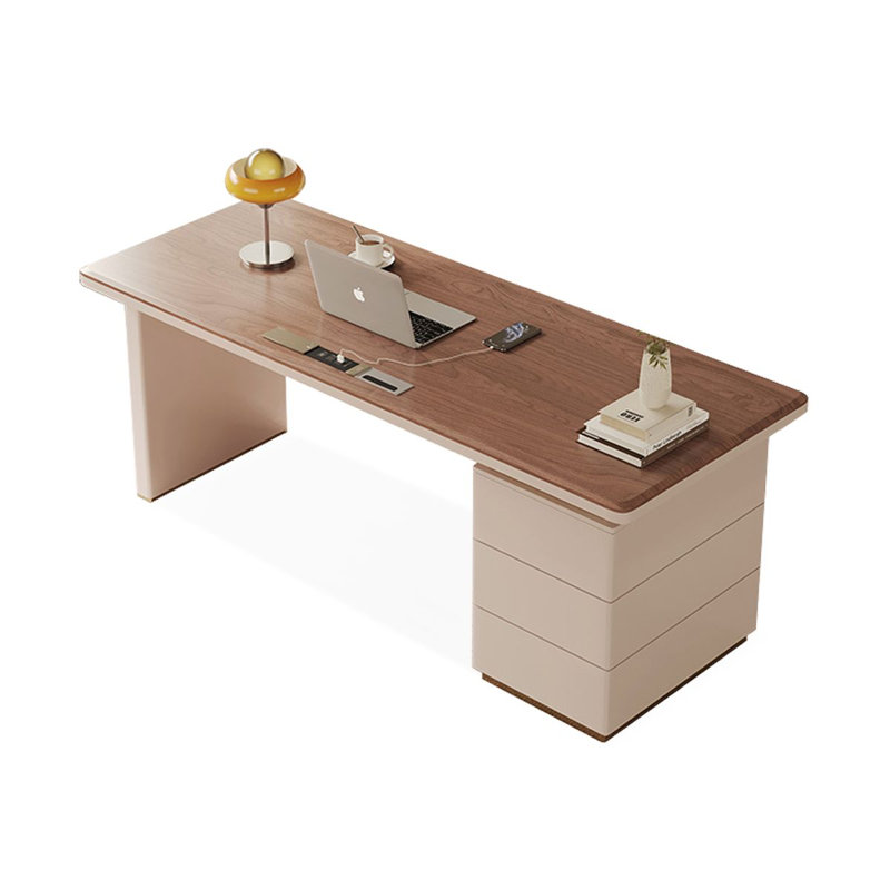 Bureau à 3 tiroirs brun noyer + blanc massif + bois manufacturé, Retour à gauche, H 29,53 po x l 78,74 po x P 27,56 po