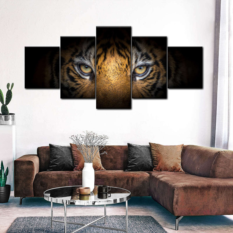 Tigre féroce - ensemble de 5 toiles tendues, H 24 po x l 55 po x P 1,25 po