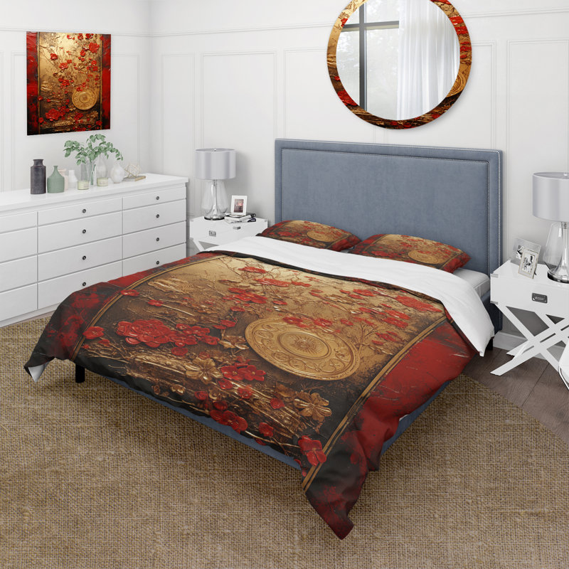 Ensemble de housse de couette God and Red Floral Japanese Tiles III - Abstract Botanicals
