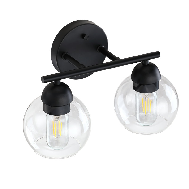 Daryll 2-Light Spherical Glass shade Vanity Light, Clear, 2 Lights, Matte Black