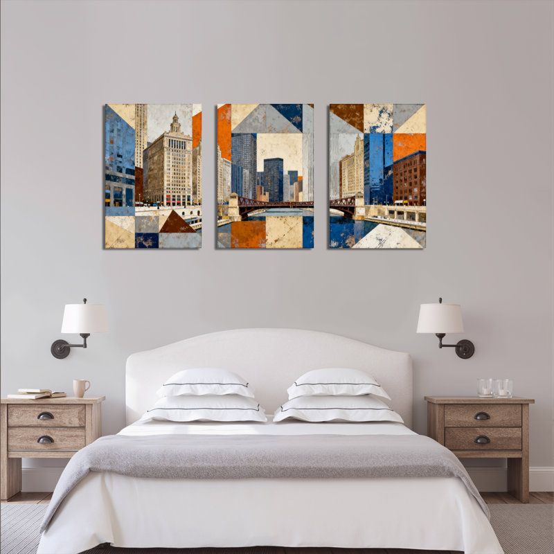 Tableau abstrait sur toile tendue, paysage urbain, style moderne (lot de 3), H 18 po x l 36 po