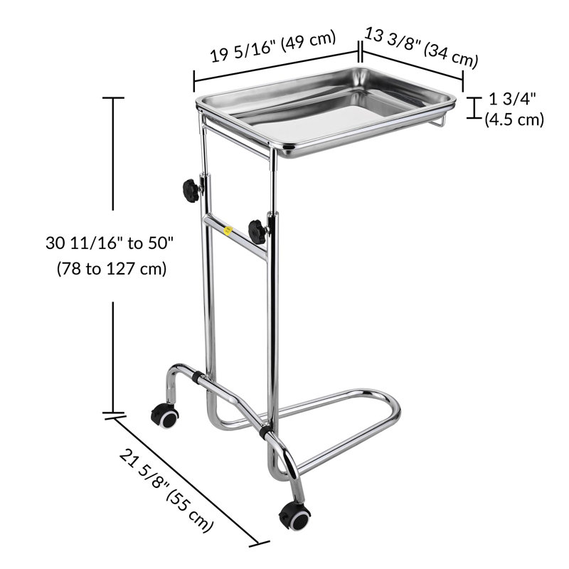 Mobile Mayo Stand Stainless Steel with 2 Pcs Trays on Wheels Adjustable Height for Hospital Dental Salon Tattoo