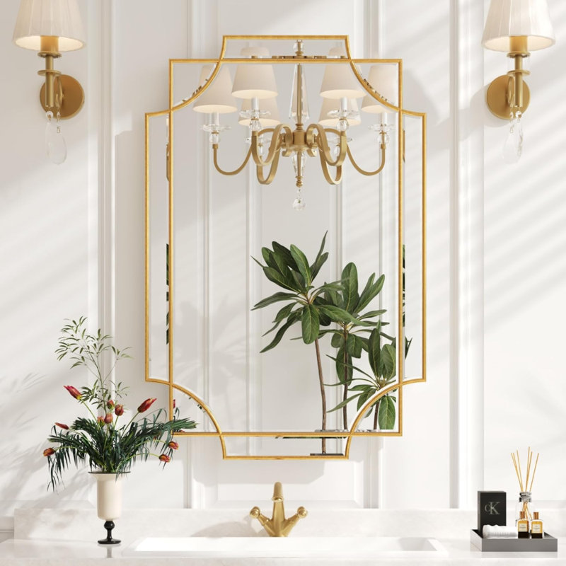 Large Gold Decorative Mirror for Wall, Gold Bathroom Mirror Vanity Wall Mirror Rectangle Mirror Beveled for Master Bath Half Bath Living Room Bedroom Farmhouse Fireplace Hallway
