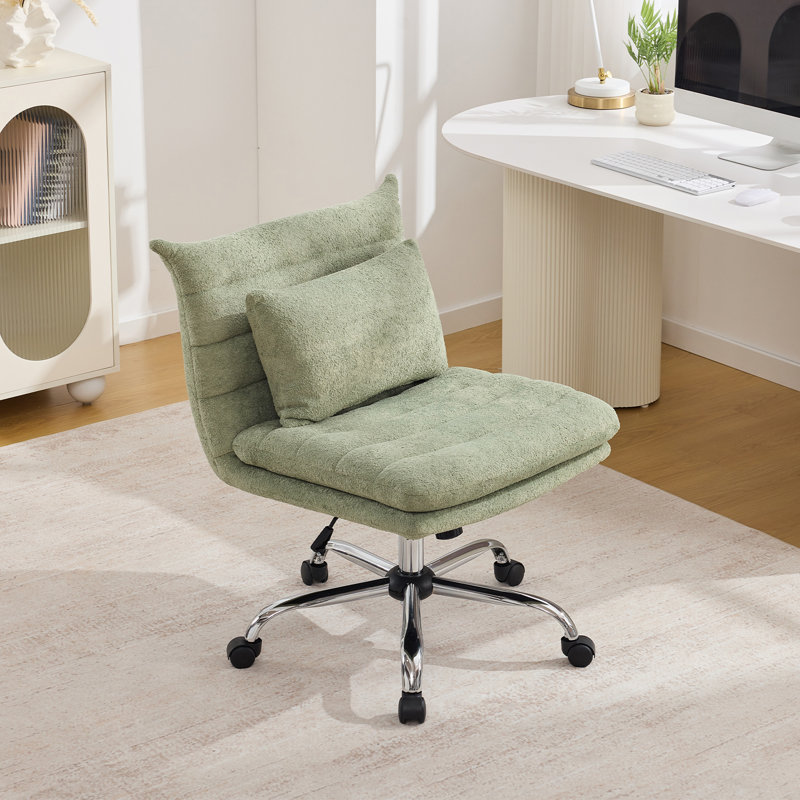 Armless Office Chair Soft Chenille Fabric Adjustable Height With Bonus Pillow And Wheels, Green