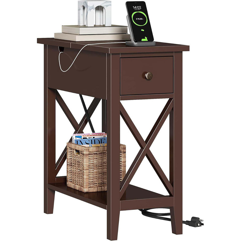End Table With Charging Station, Narrow Side Table With USB Ports And Outlets, Nightstand With Drawer, For Small Spaces, Bedside Tables For Living Room Espresso