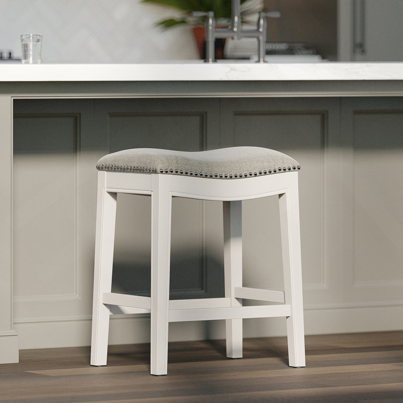 26In. Counter-Height Backless Wood Saddle-Seat Barstool With Nailhead Trim, Farmhouse Whitewash With Gray Upholstered Seat, 1PC