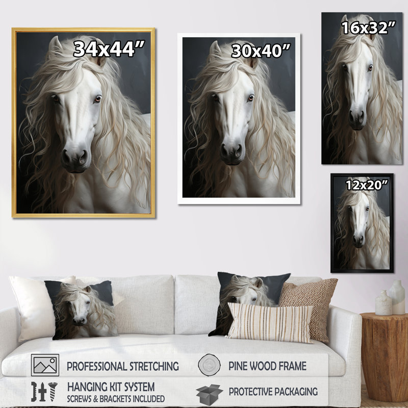 «White Horse Subtle Whispers - Animal Wall Art Living Room», H 44 po x l 34 po x P 1,5 po, Cadre flottant doré