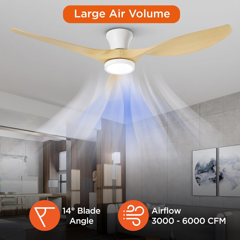 Ventilateur de plafond encastré 52 po avec lumière DEL et télécommande Jacara, White with Oak Wood Blades