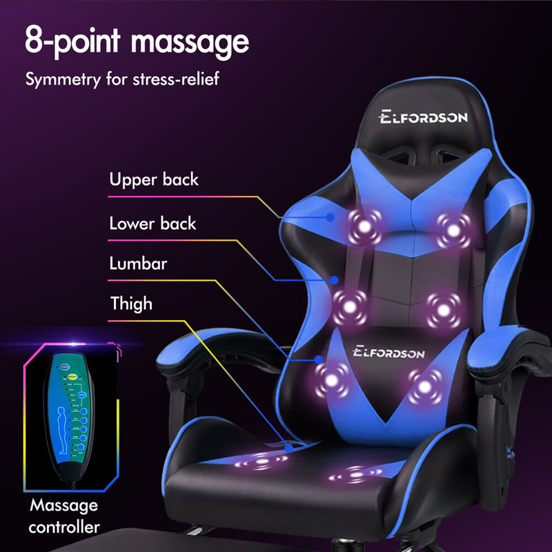 ELFORDSON Adjustable Reclining Swiveling PC & Racing Game Chair with Footrest, Blue