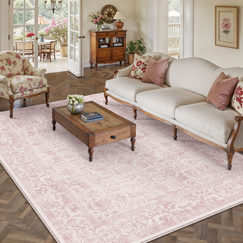 Kitty Machine Washable Vintage Area Rug With Non-Slip Backing, Pink, Rectangle 6' x 9', 0.28"