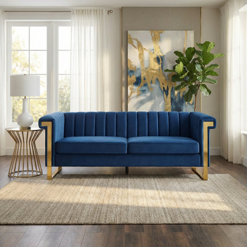 Canapé en velours à accoudoirs carrés de 83,86 po Kevionna, Velours bleu