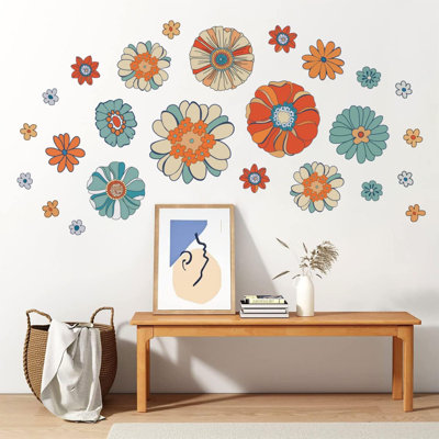 Boho Retro Floral Wall Decals Large Vintage Flower Wall Stickers Colorful Hippie Flower Wall Art Stickers For Bedroom, Living Room, Offices, Sofa, TV Backdrop Decoration