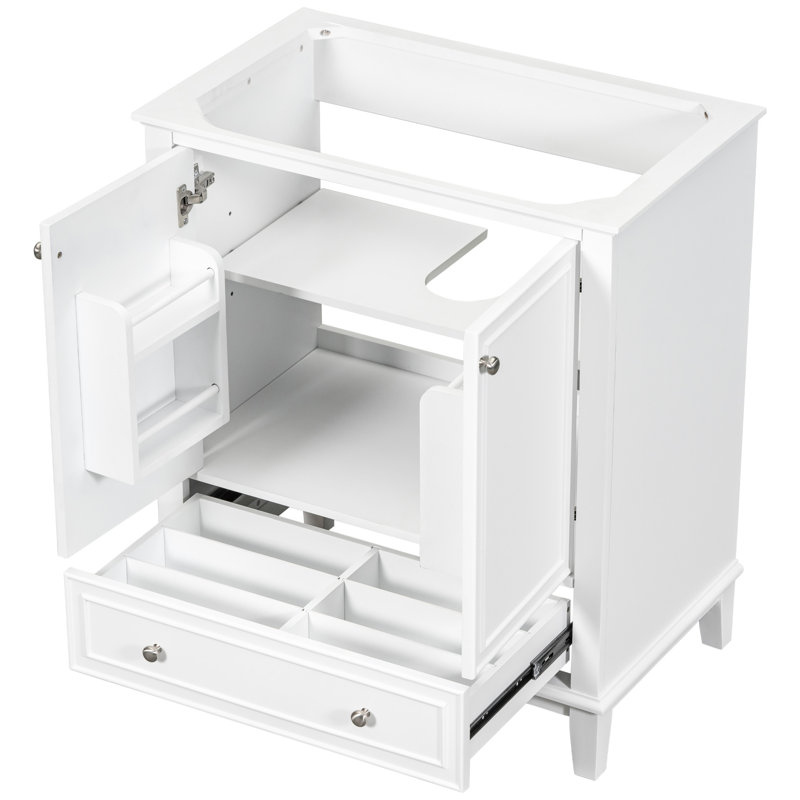 Base de meuble-lavabo blanc 30 po, armoire multifonctionnelle avec portes et tiroir, bois massif et planches, tablette réglable, base requise pour l'assemblage - 1 requis, style moderne