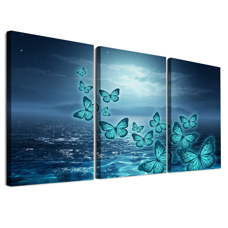 Ensemble de 3 toiles bleues sur fond d'océan au clair de lune, H 24 po x l 16 po x 3 pièces