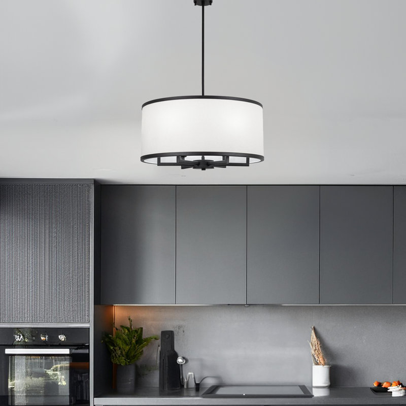 Lustre cylindrique en métal à hauteur réglable 6 lumières avec capuchon en tissu