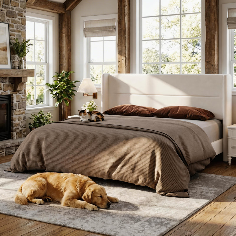 King Size Bed Frame with Wingback Headboard, Velvet Upholstered Platform Bed Frame with Sturdy Wooden Slats Support, No Box Spring Needed, Easy Assembly, White