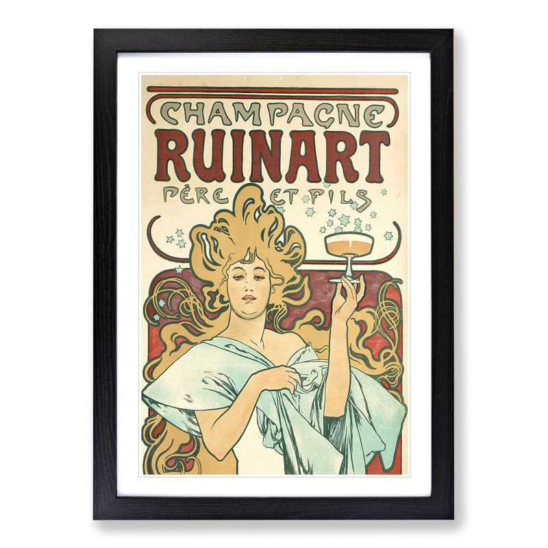Champagne Ruinart Vol.1 by Alphonse Mucha - Picture Frame Painting on MDF, Black Framed, 48cm H x 36cm W x 2cm D
