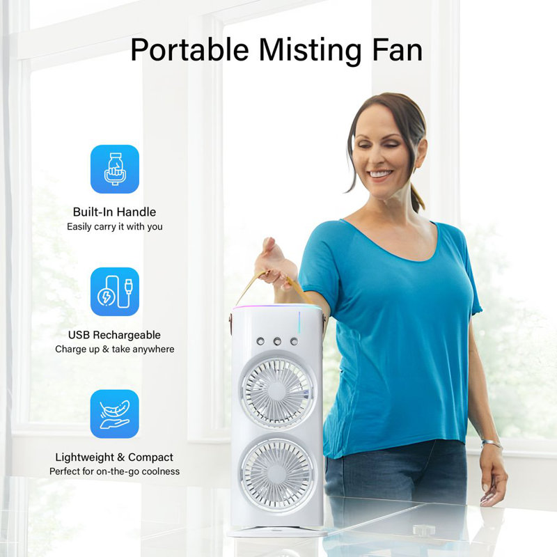 Bell + Howell Aqua Breeze Dual Misting 3 Speed Rechargeable Fan With Remote Control