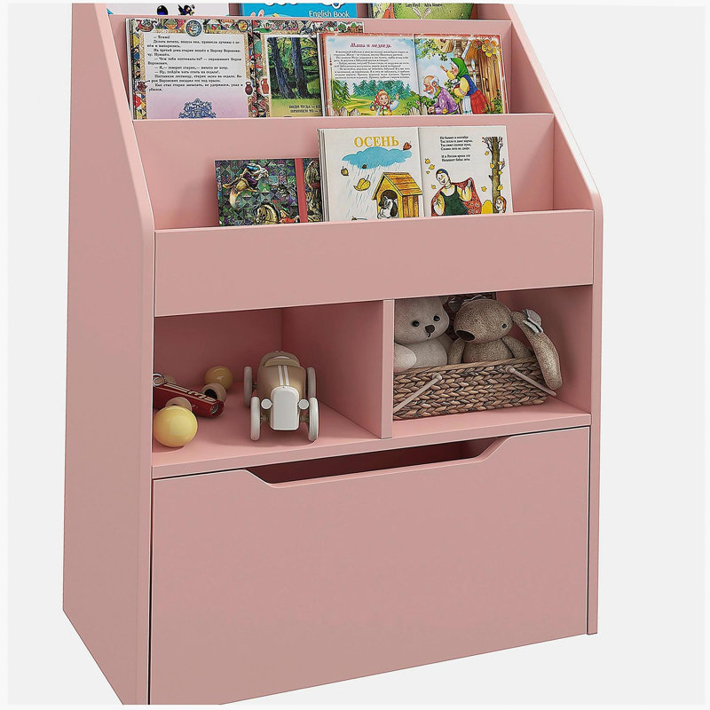 Bookcase Multi-Shelf Rack Organizer with Storage Drawer for Books, Pink