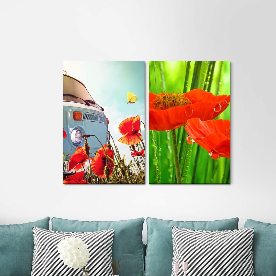 2-tlg. Leinwandbilder-Set - Grafikdruck „Bus Flower Power Hippie Poppy Red Flowers Summer Peace”