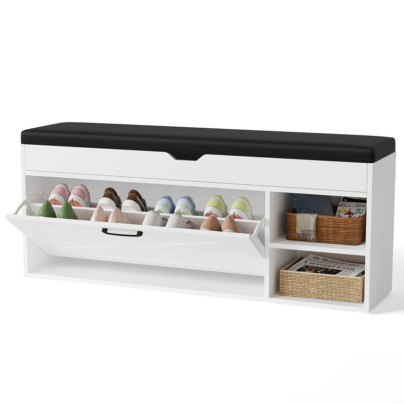 Banc de rangement pour 8 paires de chaussures avec coussin en cuir, Blanc
