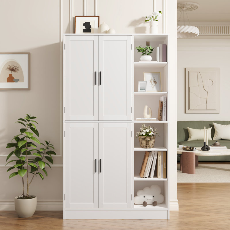 Armoire de cuisine blanche de 63 po de hauteur, armoire de rangement avec 4 portes et armoire de cuisine autoportante, Blanc