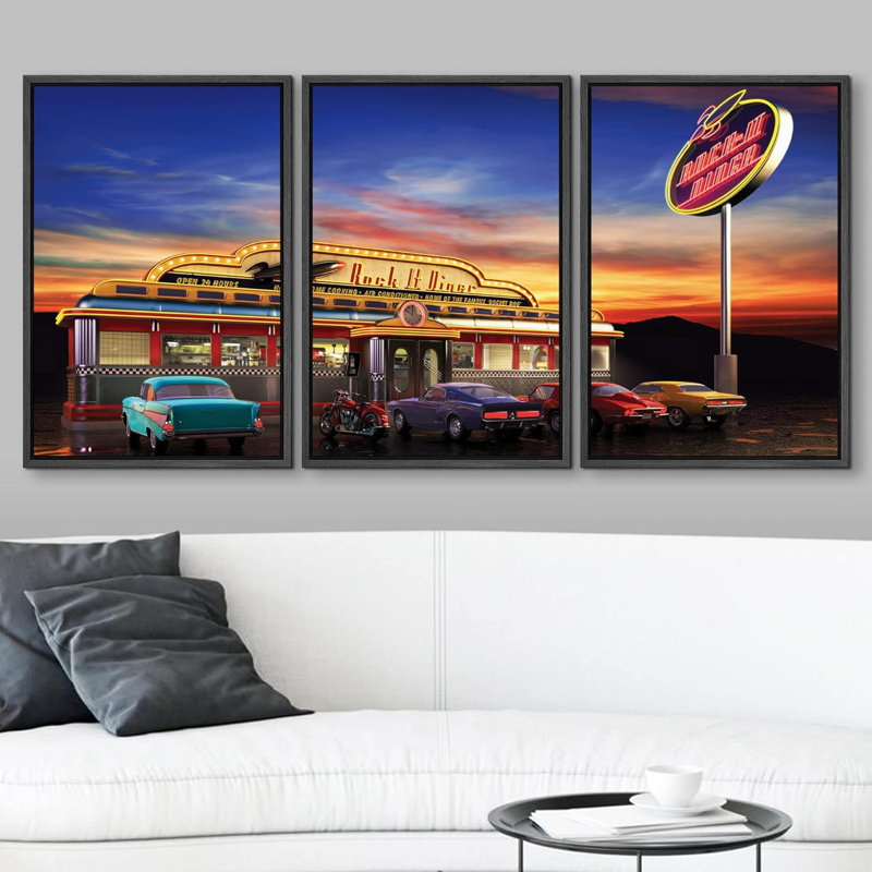 «Architecture American Retro Diner at Dusk», ensemble de 3 pièces, H 24 po x l 48 po, Black Framed
