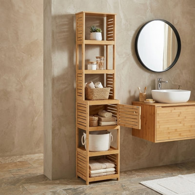 Tall Bathroom Storage Cabinet with Multiple Shelves and Vented Door, Natural - Trinidad Collection