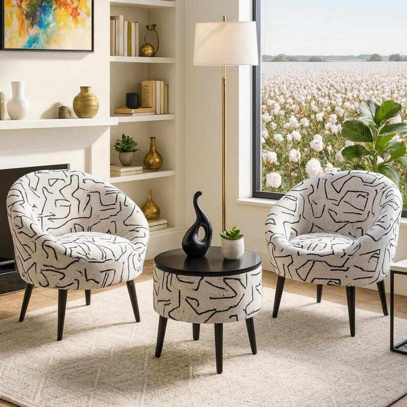 Ensemble de fauteuil à oreilles et table basse (3 pièces), White Polyester Blend/Black