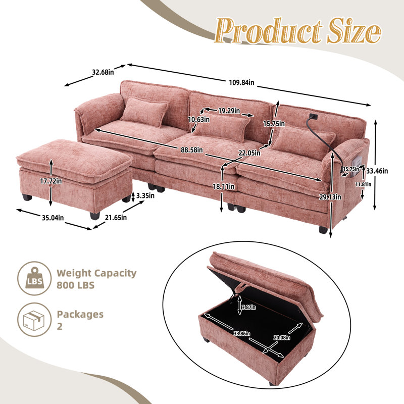 Modern Upholstery Sofa with Movable Storage Ottoman, Phone Holder, USB Charging Port, Pink