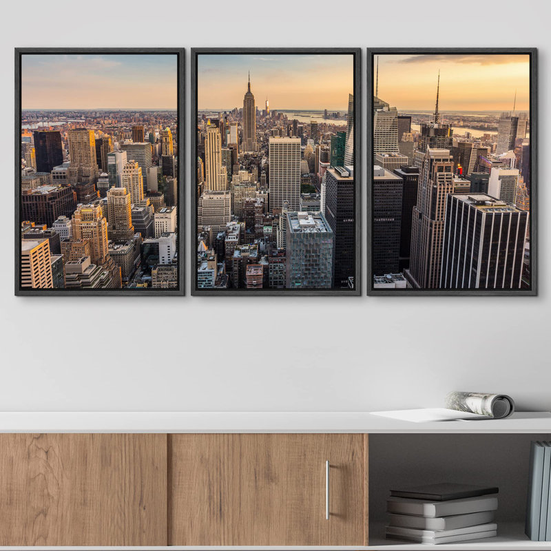 Architecture Building " Skyscraper In New York City Midtown At Sunset " 3 - Pieces, Black Framed, 36" H x 72" W