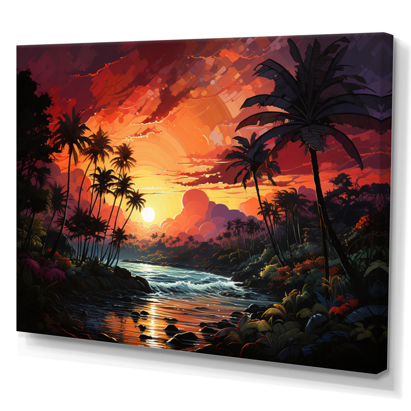 Palmiers sur un coucher de soleil coloré sur toile, H 12 po x l 20 po x P 1 po, Toile tendue