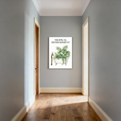 Tableau sur toile représentant des plantes tropicales dans une baignoire, idéal pour la décoration de la salle de bain et du salon.