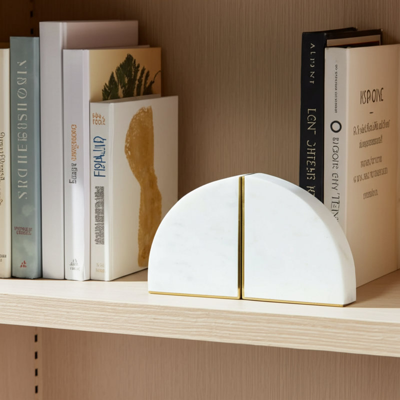 Nata Set of Two Bookends - 8" Set of White Marble Decorative Pie Bookends For Home or Office - Gifts for Book Lovers