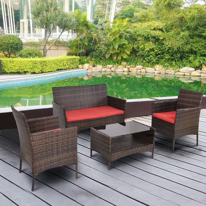 Standifer Premium All-Weather Wicker 4 - Person Patio Conversation Set with Cushions, Red