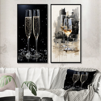 Black And White Champagne Glass Essence I - Champagne Canvas Prints Set Of 2