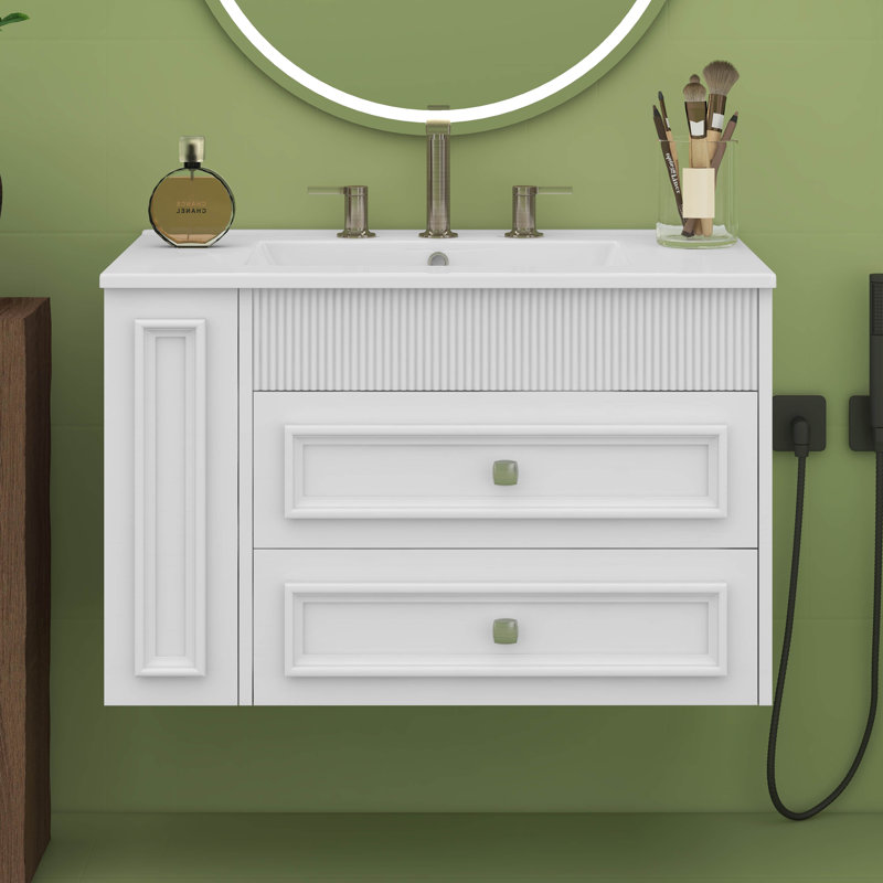 Meuble-lavabo mural 30 po, meuble-lavabo flottant avec lavabo en céramique, armoire de rangement avec 2 tiroirs, Blanc