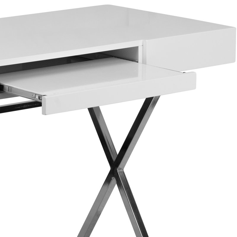 Sleek White 44.25'' Computer Desk with Chrome X-Trestle Base and Keyboard Tray