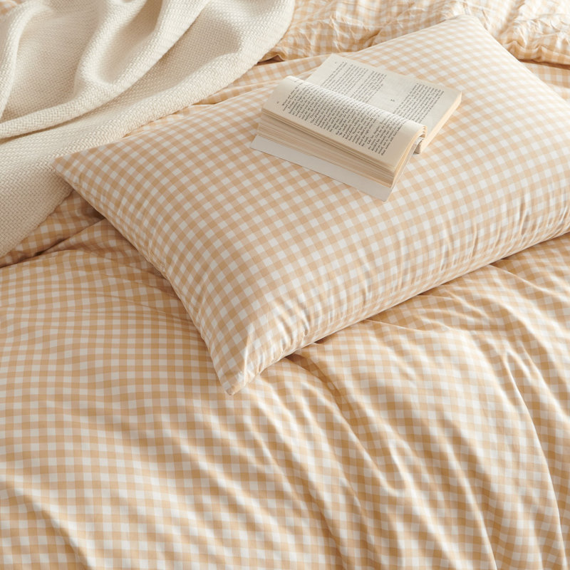 Ensemble d'édredon Gingham Ensemble d'édredon écossais de style moderne 100% microfibre lavée Boho, Beige
