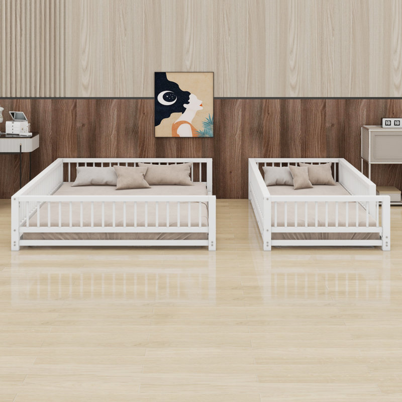 Floor Bunk Bed Frame With Ladder And Safety Guardrails, White, Twin Over Queen