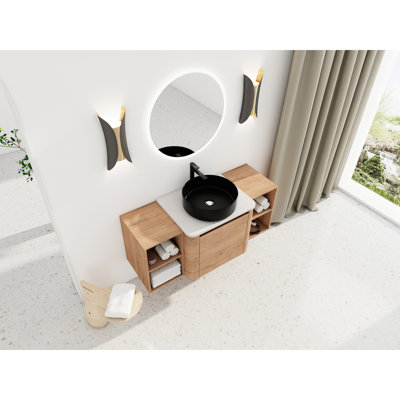 Meuble-lavabo de 48 po avec lavabo d'art en céramique, 2 tablettes de rangement, porte à fermeture en douceur, base en contreplaqué, style moderne, couleur chêne imitation, emballage en kd, dalle de pierre blanche, vasque durable, lisse