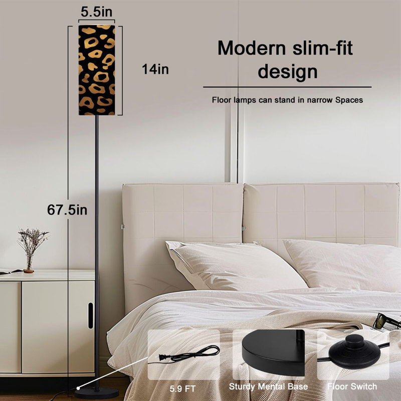  68.5" Standing Floor Lamp Trendy bronze leopard abstract seamless Dimmable Metal Pole Lamp with Linen Lampshade LED Bulb Included