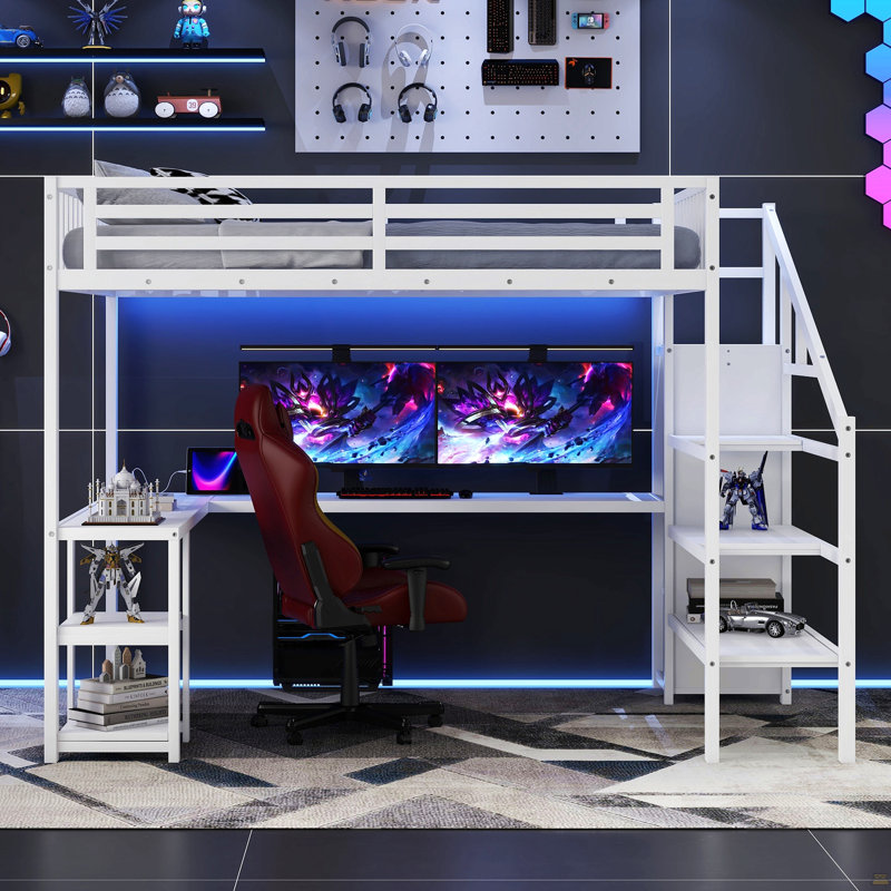 Grand lit mezzanine en métal avec garde-robe et éclairage à DEL, grand lit mezzanine avec bureau en L et USB