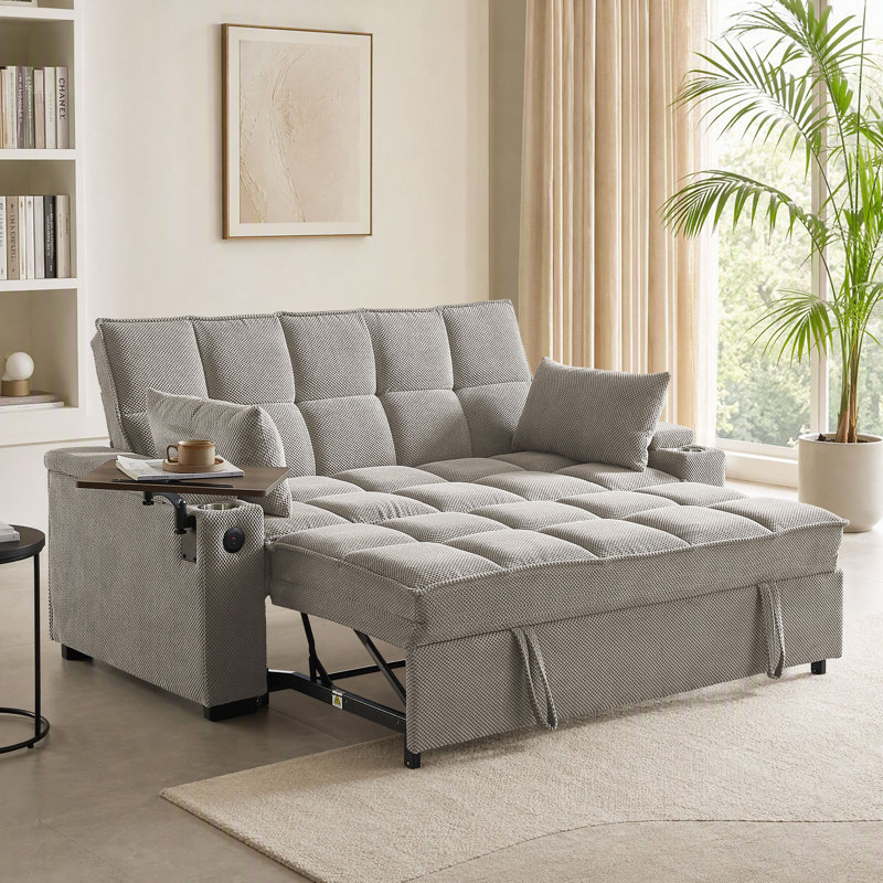 Canapé-lit convertible 74 po 3-en-1, canapé-lit escamotable avec table d'appoint pivotante à 360 °, port USB, porte-gobelet, accoudoirs de rangement