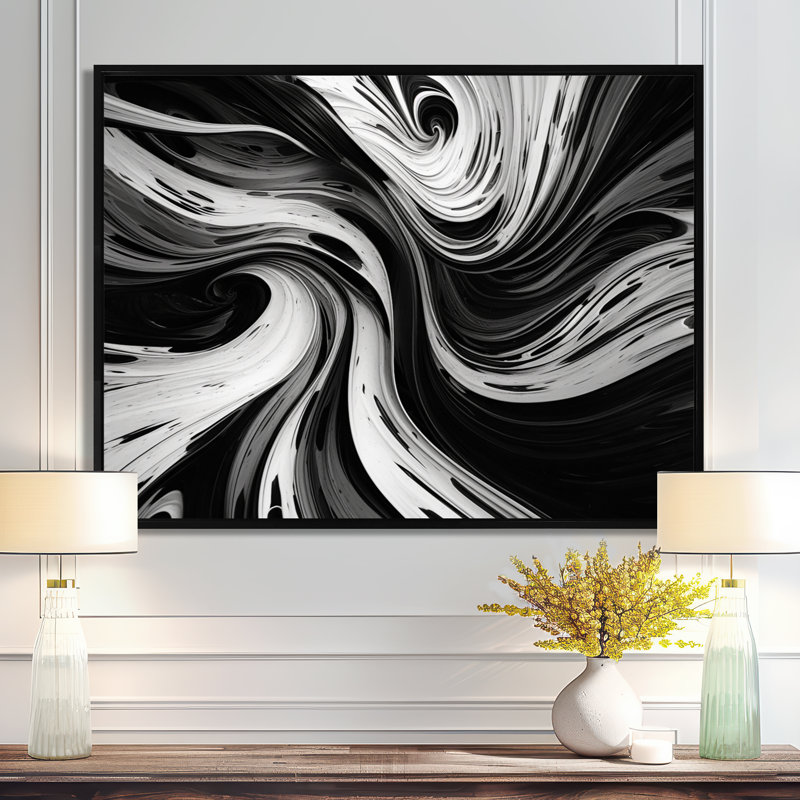 «Black White Whirling Joy» - art mural abstrait en spirale, Cadre flottant noir, H 12 po x l 20 po