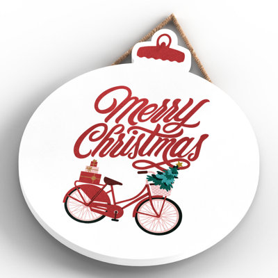Xmas Merry Christmas Bicycle Wooden Bauble Plaque